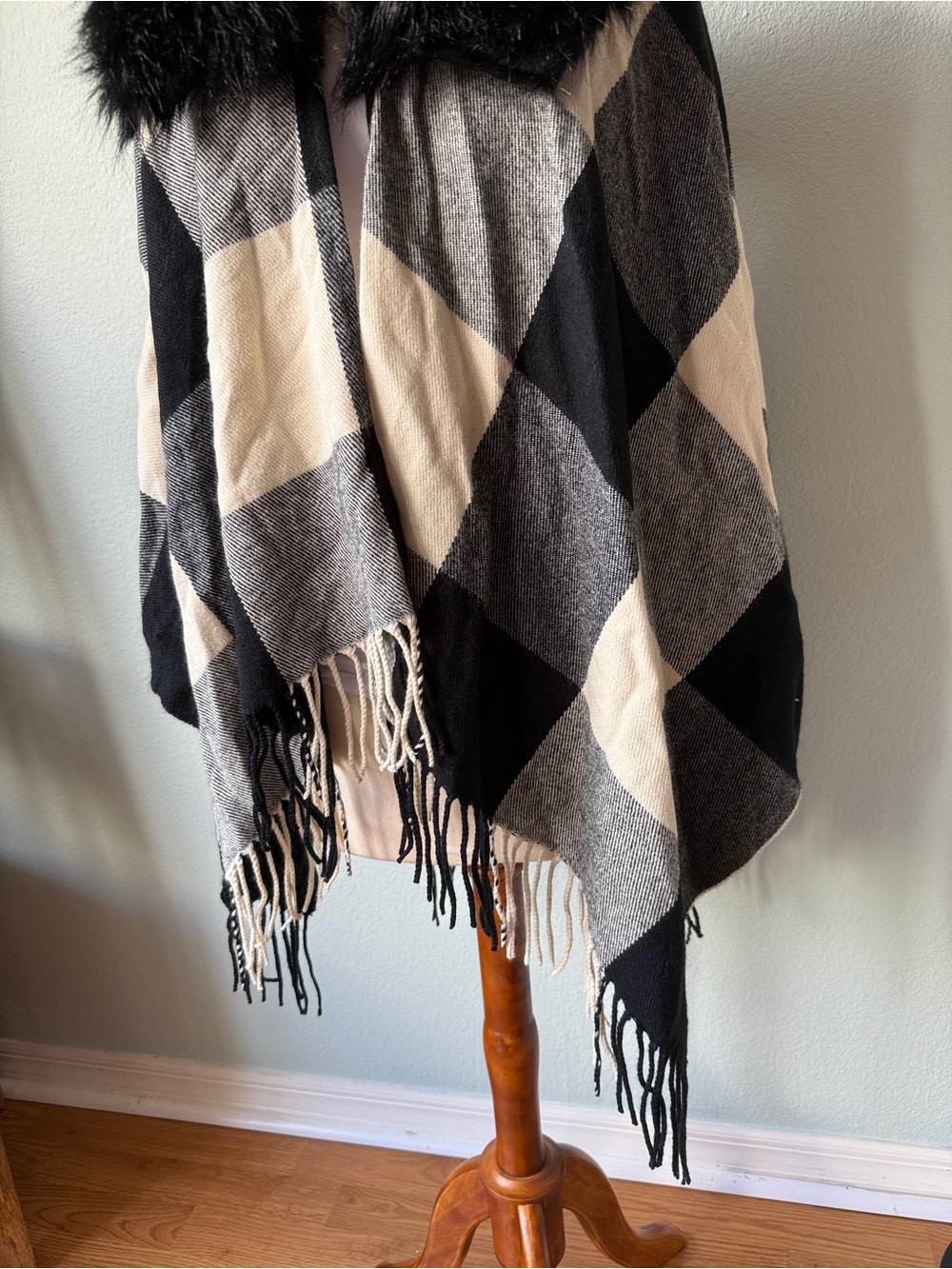 J. Crew Black and Gray Plaid Faux-Fur Collar Poncho - Picture 5 of 8